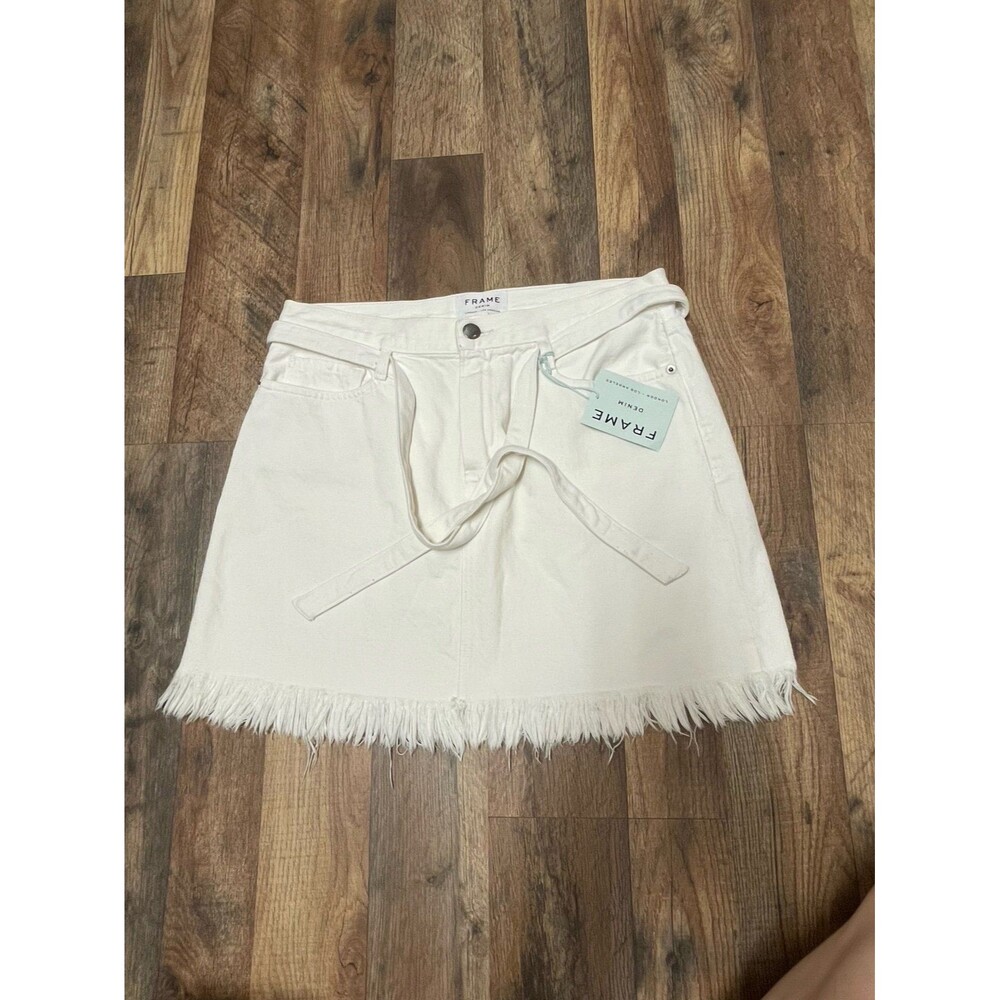 NWT Frame Denim Le High Denim Womens Mini Skirt 29 White Raw Hem Cotton Belted